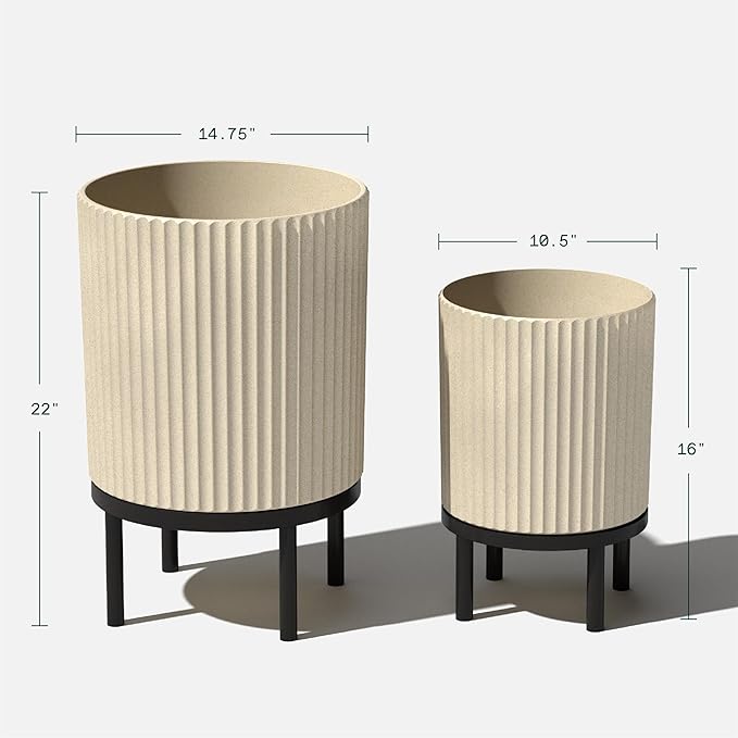 Veradek Demi Series Round Planter w/Stand for Porch/Patio | Durable Plastic-Stone Composite & Wooden Stand | Modern Décor for Tall Plants, Flowers