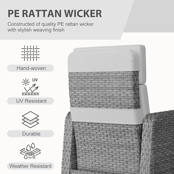 Restland Outdoor Recliner with Independent Adjustable Back & Footrest Wicker Patio Reclining Chair with Flip Table Comfortable Lounge Chair & Thick Cushion for Deck, Porch (3 Piece, Grey)