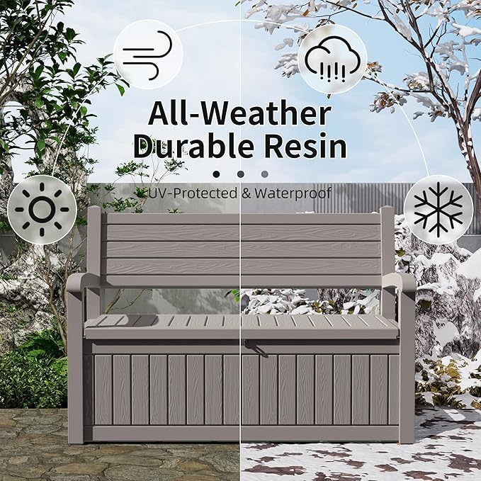 80 Gallon Outdoor Storage Bench Deck Box Waterproof Lockable,Outdoor Storage Furniture for Patio,Garden and Porch,Tools and Cushions（Grey Stripe）
