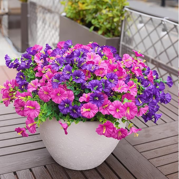 Artificial Flowers for Outdoors, UV Resistant Fake Silk Morning Glory, Realistic Faux Plants for Outside Porch Patio Window Box Hanging Planter (16, Purple Fuchsia)