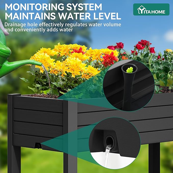 YITAHOME 43.3x17.7x34 in Elevated Garden Bed 2pcs, Outdoor Plastic Planter Box with Wheels, Legs, Drain Plug, and Storage Shelf for Plants, Vegetables, Flowers, Herbs, Black