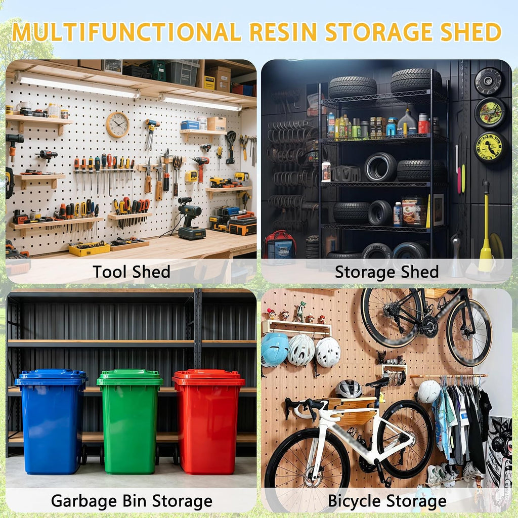 pipleo 8x10 ft resin outdoor storage shed with on a desk or shelf