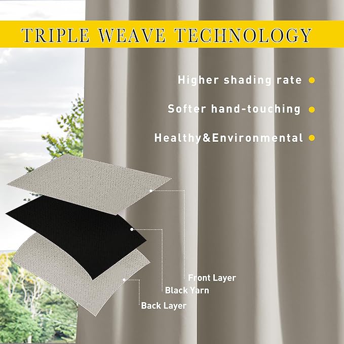 NICETOWN 2 Panels Outdoor Curtains for Patio Extra Wide 84", Waterproof & Windproof Grommet & Back Tab Fixed Top and Bottom Sun Blocking Privacy Drapes with Rope for Gazebo, Natural, W84 x L108