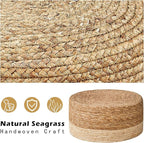 Cpintltr Foot Stool Natural Seagrass Hand Weave Poufs Round Ottoman for Couch Desk Soft Step Stool Padded Foot Rest with Non-Skid Pine Legs for Hallway Office Lounge Natural/White