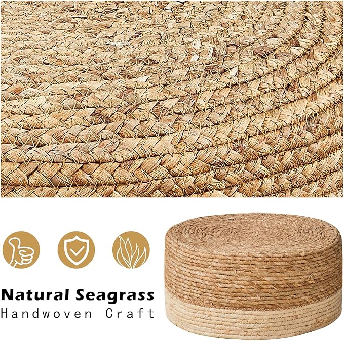 Cpintltr Foot Stool Natural Seagrass Hand Weave Poufs Round Ottoman for Couch Desk Soft Step Stool Padded Foot Rest with Non-Skid Pine Legs for Hallway Office Lounge Natural/White