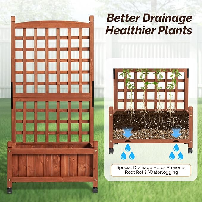 VINGLI 2PC Wooden Planter with Trellis, 50" Height Elevated Garden Beds Outdoor with Wheels, FreeStanding Planter Box with Drainage Holes for Flower, Vegetable, Fruit, Herb in Garden, Patio, Balcony
