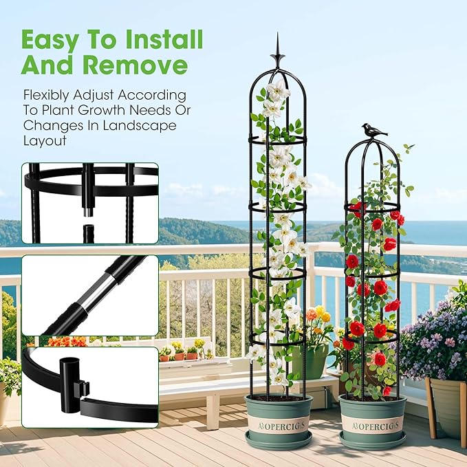 2026 Updated Garden Obelisk Trellis for Climbing Plants Outdoor, 76inch Tomato Cage, Rose, Flowers, Grape, Pea, Cucumber Trellis, Rustproof Plastic Coated Metal Plant Support Trellis for Potted Plants