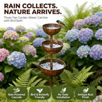 Rain Catcher - Plant Support Metal Garden Ornament, Rust Patina Metal Rain Catcher Garden Stake with Water Bowl, Gardens Rains Catchers Bird Bath with 3-Tiered Water Bowls, Yard Decor (2 PCS)