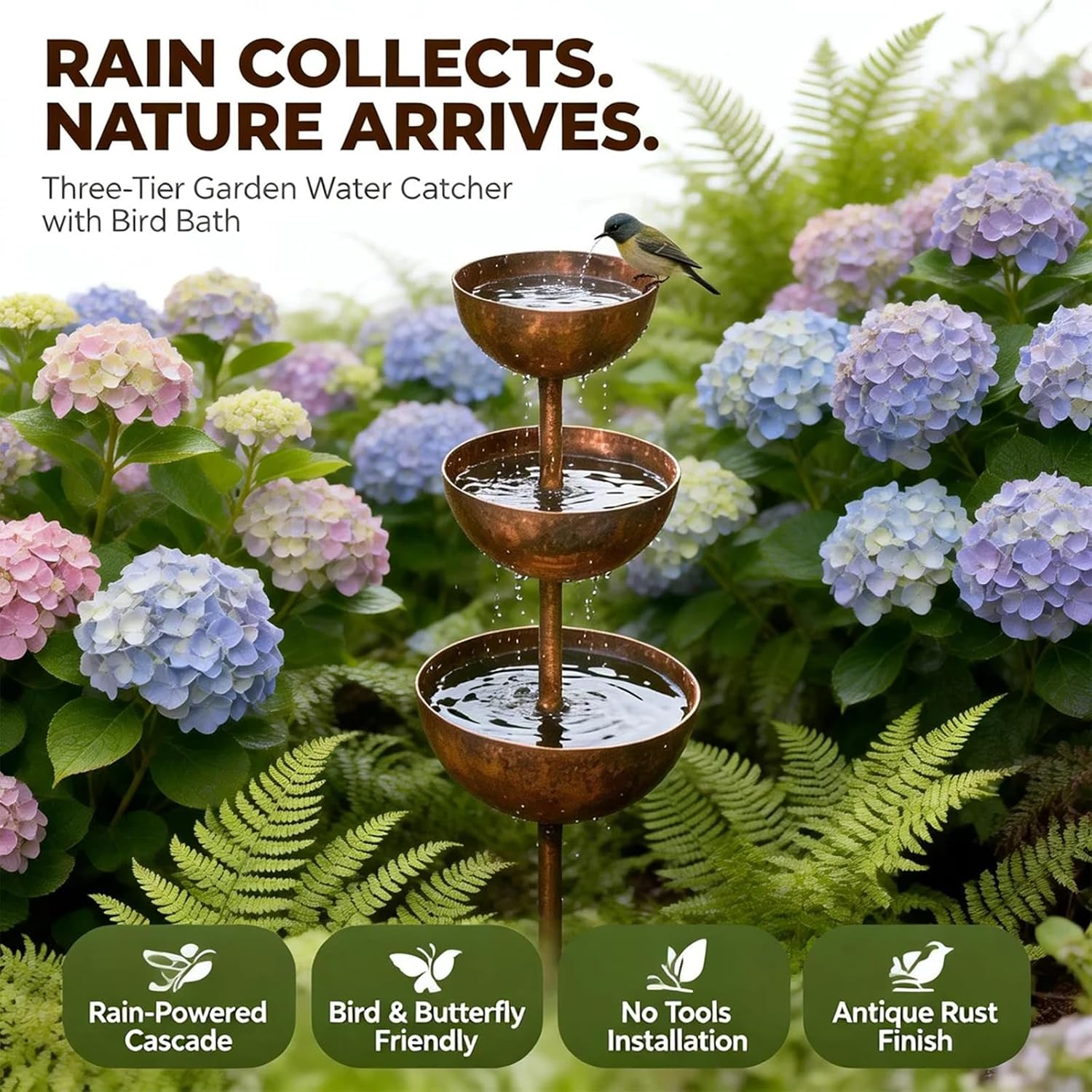 Rain Catcher - Plant Support Metal Garden Ornament, Rust Patina Metal Rain Catcher Garden Stake with Water Bowl, Gardens Rains Catchers Bird Bath with 3-Tiered Water Bowls, Yard Decor (2 PCS)