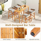 Tangkula 5 Piece Patio Bar Set, Outdoor Acacia Wood Counter Height Table with 4 Cushioned Barstools with Curved Rattan Back and Footrest, for Backyard, Poolside, Balcony