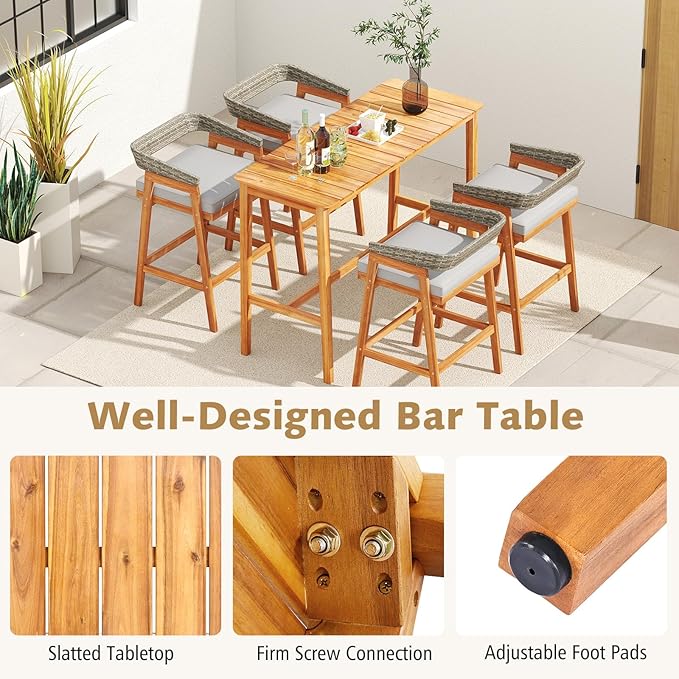 Tangkula 5 Piece Patio Bar Set, Outdoor Acacia Wood Counter Height Table with 4 Cushioned Barstools with Curved Rattan Back and Footrest, for Backyard, Poolside, Balcony