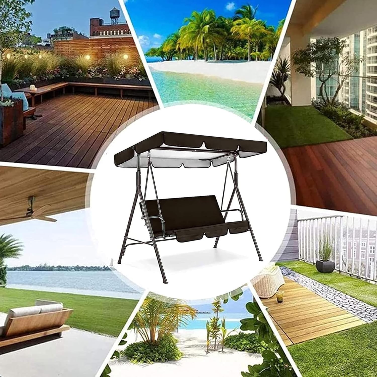 Garden Swing Canopy Replacement ,Windproof Outdoor Swing Chair Top Cover with Seat Cushions, Waterproof 210D Oxford 2-3 Seater Patio Hammock Protection Covers (Size:98x73x7inch/249x185x18cm,Color:Brow