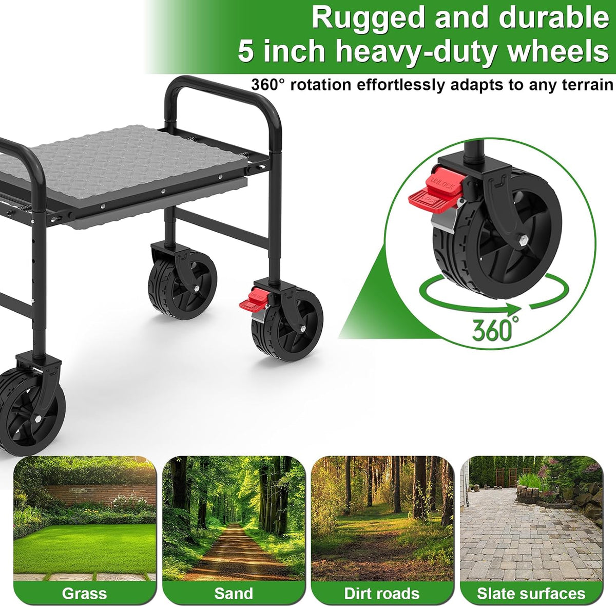 garden seat with 360° brake wheel: 3-in-1 rolling, package contents