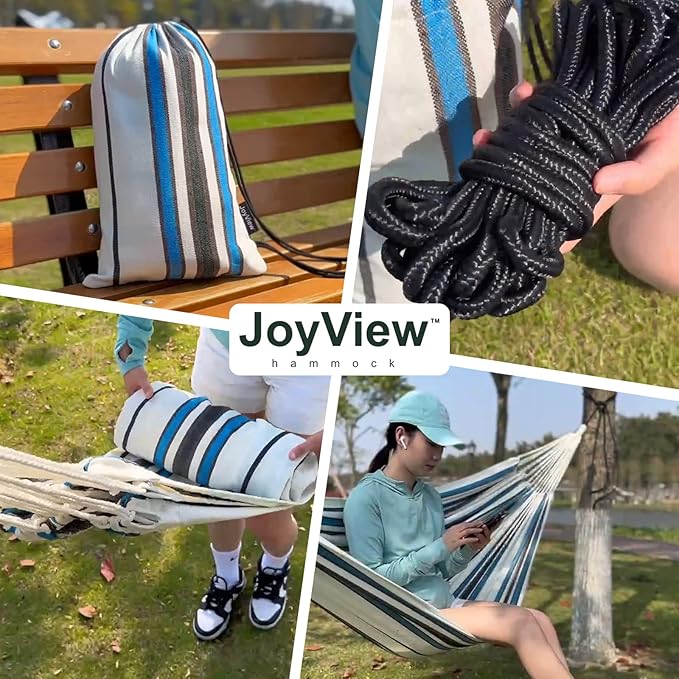 JoyView Brazilian Double Hammock with Hanging Ropes Extra Large 86.6x59” Portable Cotton Hammock for Patio Backyard Porch 450LBS Weight Capacity Perfect for Outdoor/Indoor - Black/Red Stripe
