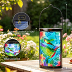 Hummingbird Solar Lantern, Hanging Glass Outdoor Garden Light | Raised hummingbird artwork, colorful fused glass, warm dusk glow, solar auto on/off, hang or stand on patio, porch and garden