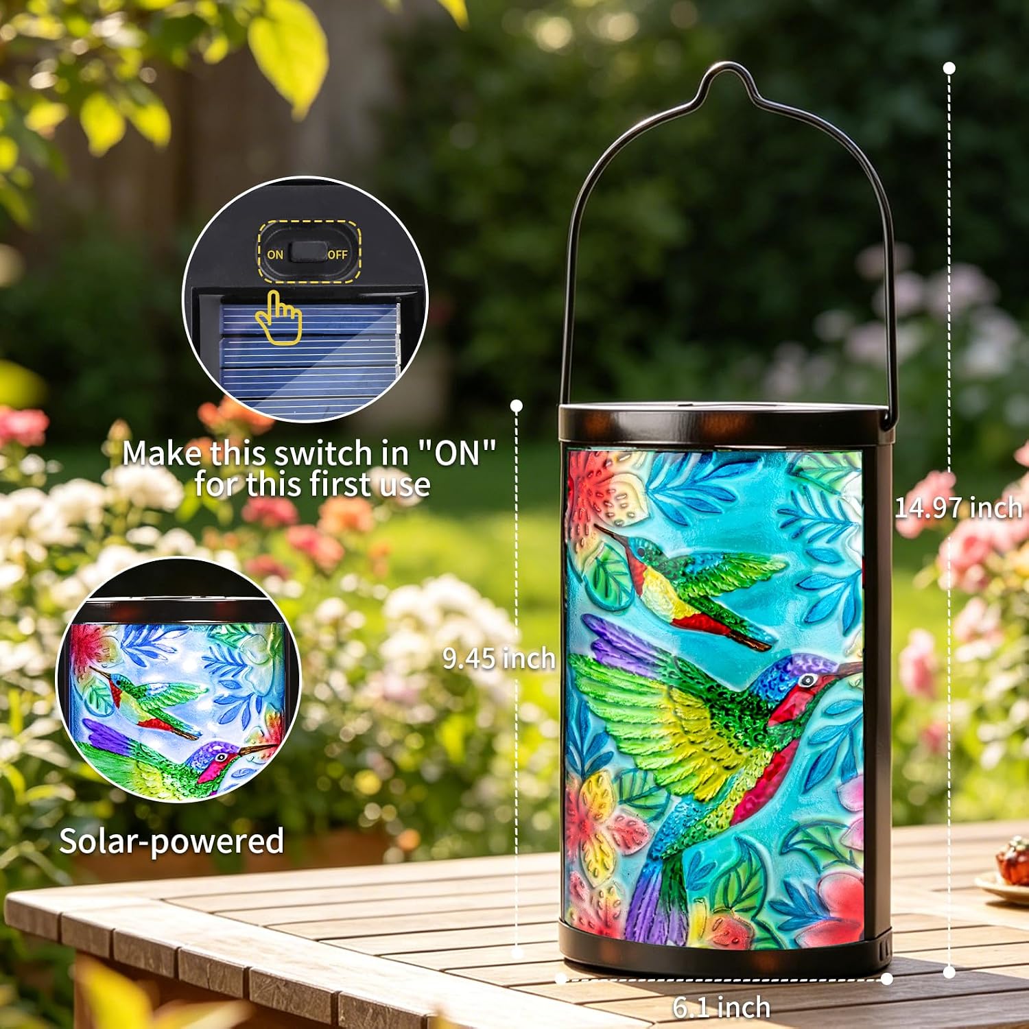 Hummingbird Solar Lantern, Hanging Glass Outdoor Garden Light | Raised hummingbird artwork, colorful fused glass, warm dusk glow, solar auto on/off, hang or stand on patio, porch and garden