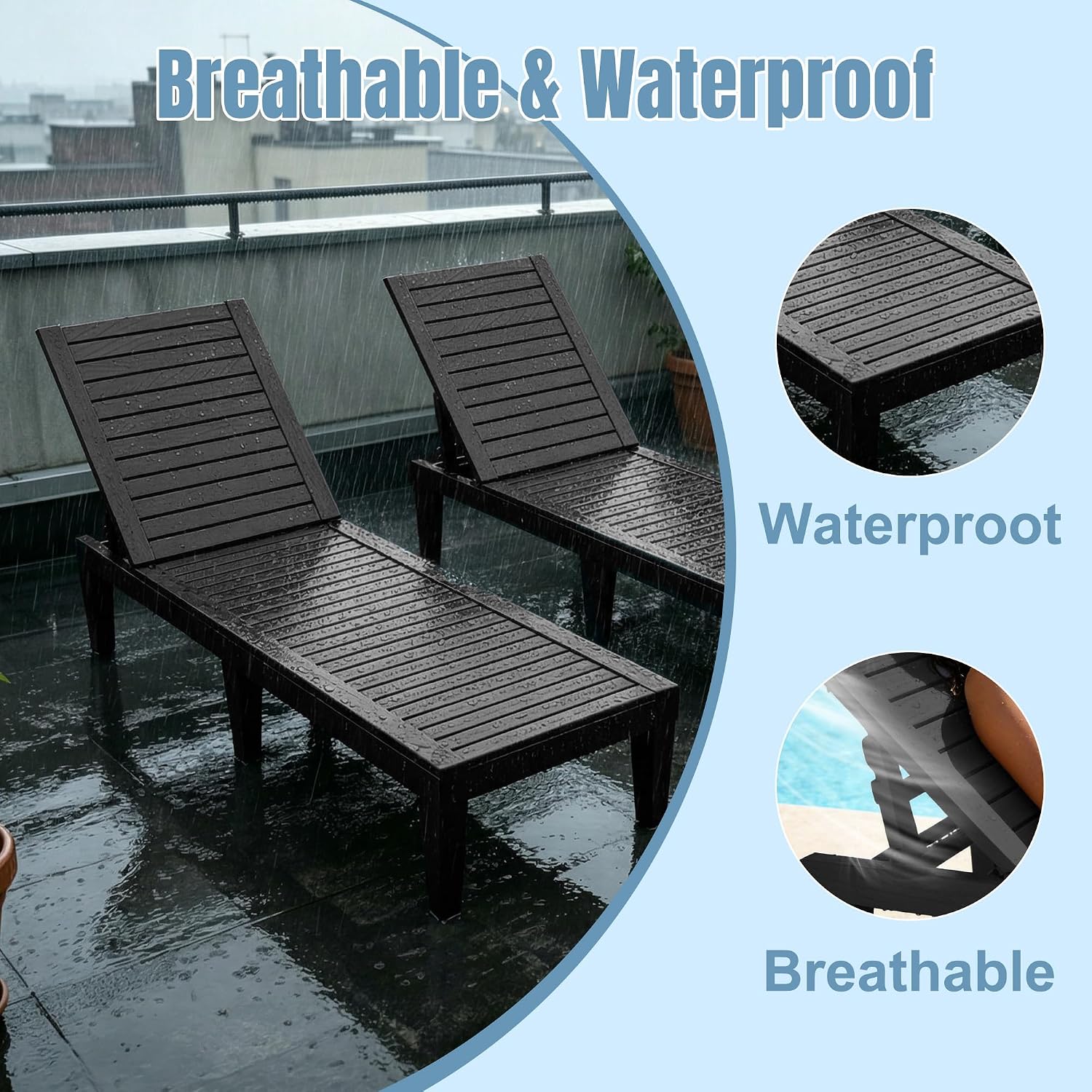 EFU Lounge Chair Outdoor, Set of 2 High-Impact PP Tanning Chairs, Black | All-Weather UV-Resistant & Waterproof Patio, Heavy Duty Pool Lounge Chairs Great for Pool & Yard, 5 Position Adjustable