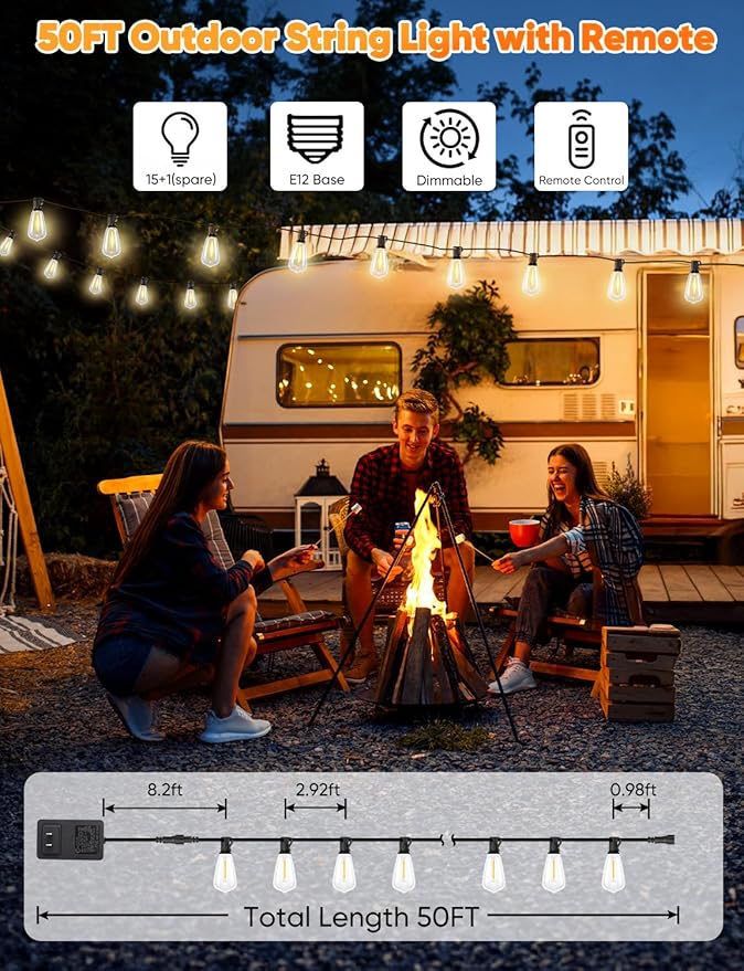 Brightever 50FT Outdoor String Lights with Remote, LED String Lights for Outside with 16 Shatterproof ST38 Vintage Edison Bulbs, 3 Modes 2 Timer Dimmable Outside Lighting for Patio, Gazebo, Deck, Yard