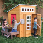 kidkraft modern outdoor wooden playhouse with picnic table showing dimensions