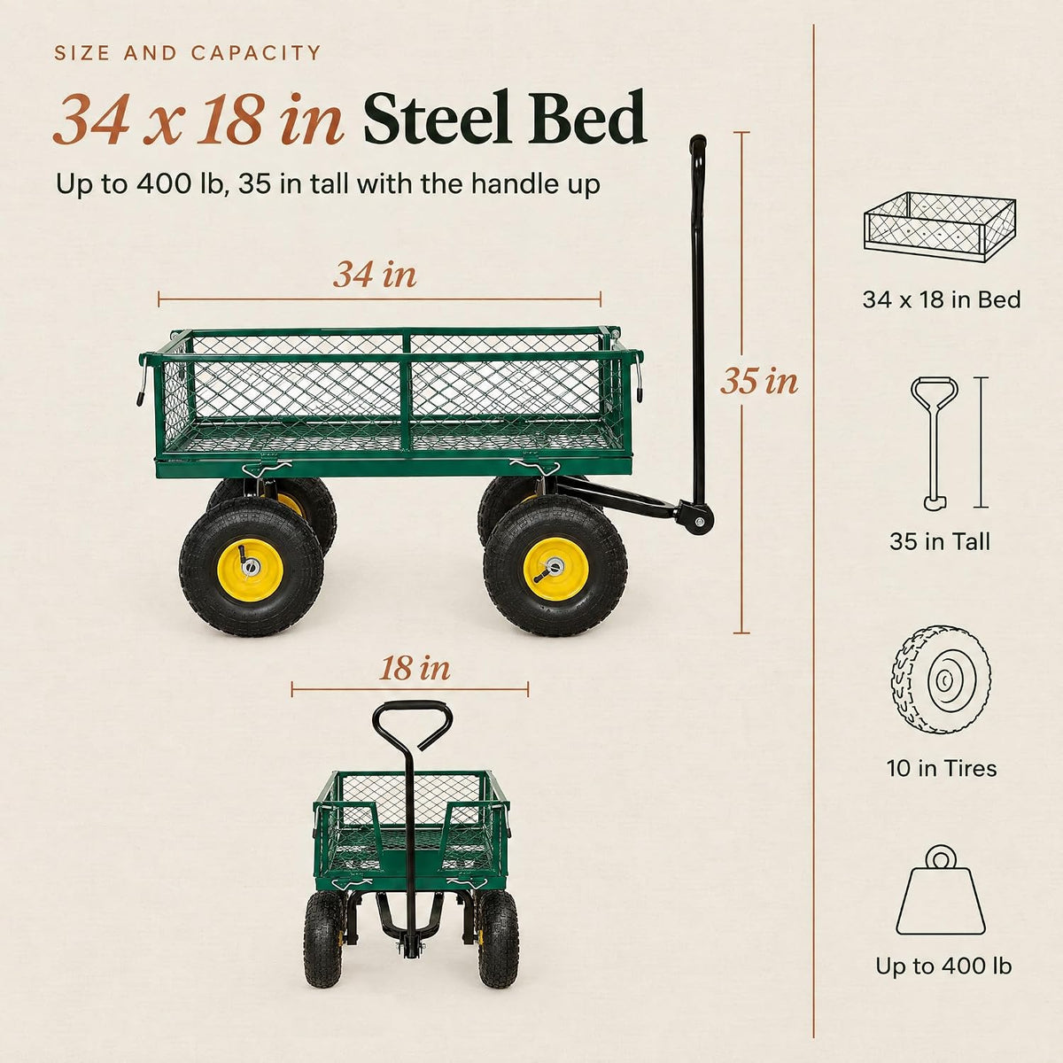 backyard expressions garden cart and utility wagon, 400 showing dimensions