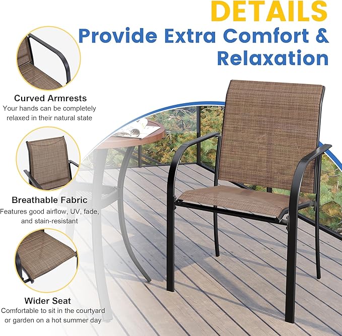 VICLLAX Large Patio Dining Furniture Set, Outdoor Dining Set for 10-60" Round Outdoor Table and Patio Stackable Chairs, Black Tabletop and Brown Fabric