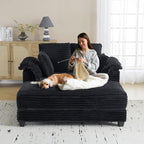 VINGLI 56" Oversized Chaise Lounge Chair, Black Comfy Corduroy Chaise Sofa Recliner Bed Upholstered Sleeper Couch Bed with Throw Pillows and Armrests for Living Room, Movie Room, Bedroom