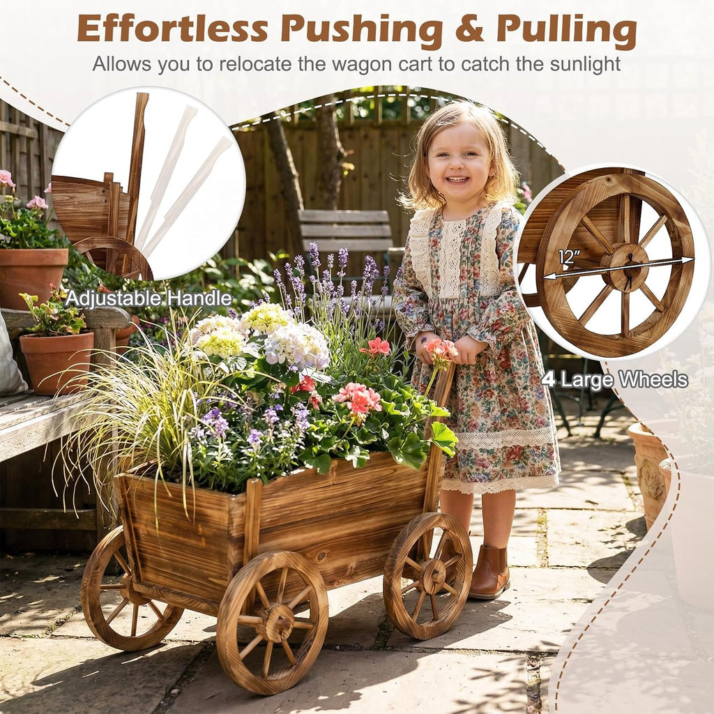 giantex wood wagon planter, rustic rolling flower pot, close-up detail