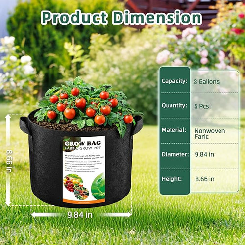 5 Pack 3 Gallon Fabric Grow Bags, Heavy Duty 300G Thickened Aeration Nonwoven Fabric Garden Pots with Handles, Planting Bag for Tomato, Potato, Strawberry, Vegetable, Fruits and Flowers