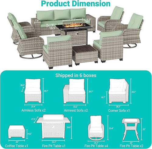 13-Piece Outdoor Patio Furniture Set with Rocking Swivel Chair, PE Wicker Rattan Sectional Sofa Patio Conversation Set with 55,000 BTU Fire Pit Table & Coffee Table, Light Green
