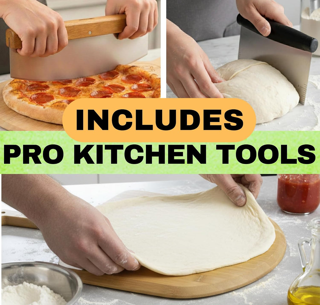 Large Pizza Stone for Oven 16 inch - Round Pizza Stone for Grill with Handles, Wood Pizza Peel and Cutter Set - Baking Stone for Bread - Pizza Making Kit Accessories - Gifts for Food Lovers