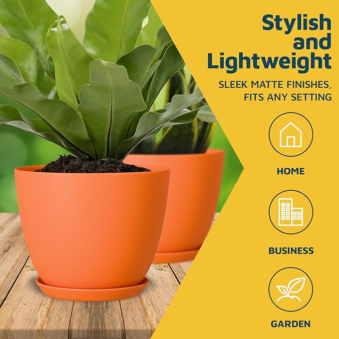 Yellow Plant Pots with Drainage Holes & Saucers 3 Pack, Indoor & Outdoor Stackable Space-Saving Planters for Houseplants & Flowers, (7", 6.7", and 6" Inches), Durable & Weatherproof Materials