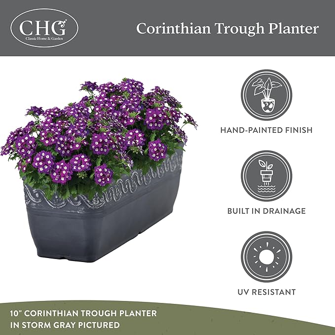 Classic Home and Garden Corinthian Rectangular Planter Box w/Drain Plug - Small Succulent Pots - Shallow Trough Planter for Indoor/Outdoor (10” Storm Gray, Pack of 1)