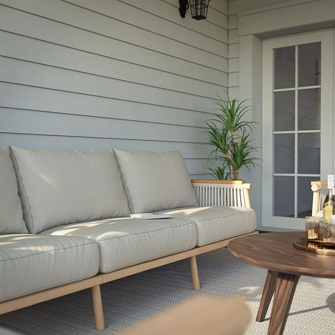 Acanva Modern All-Weather Aluminum Outdoor Patio Sofa with Thick Cushions, Olefin Fabric Sunroom Backyard Furniture, Couch Light Khaki