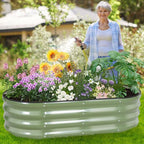 Galvanized Raised Garden Bed - 4×2×1ft (2 Packs) Planter Raised Beds for Gardening | Oval Metal Garden Planter Box with Safety Edging and Gloves for Vegetables Fruits and Flower OliveGreen