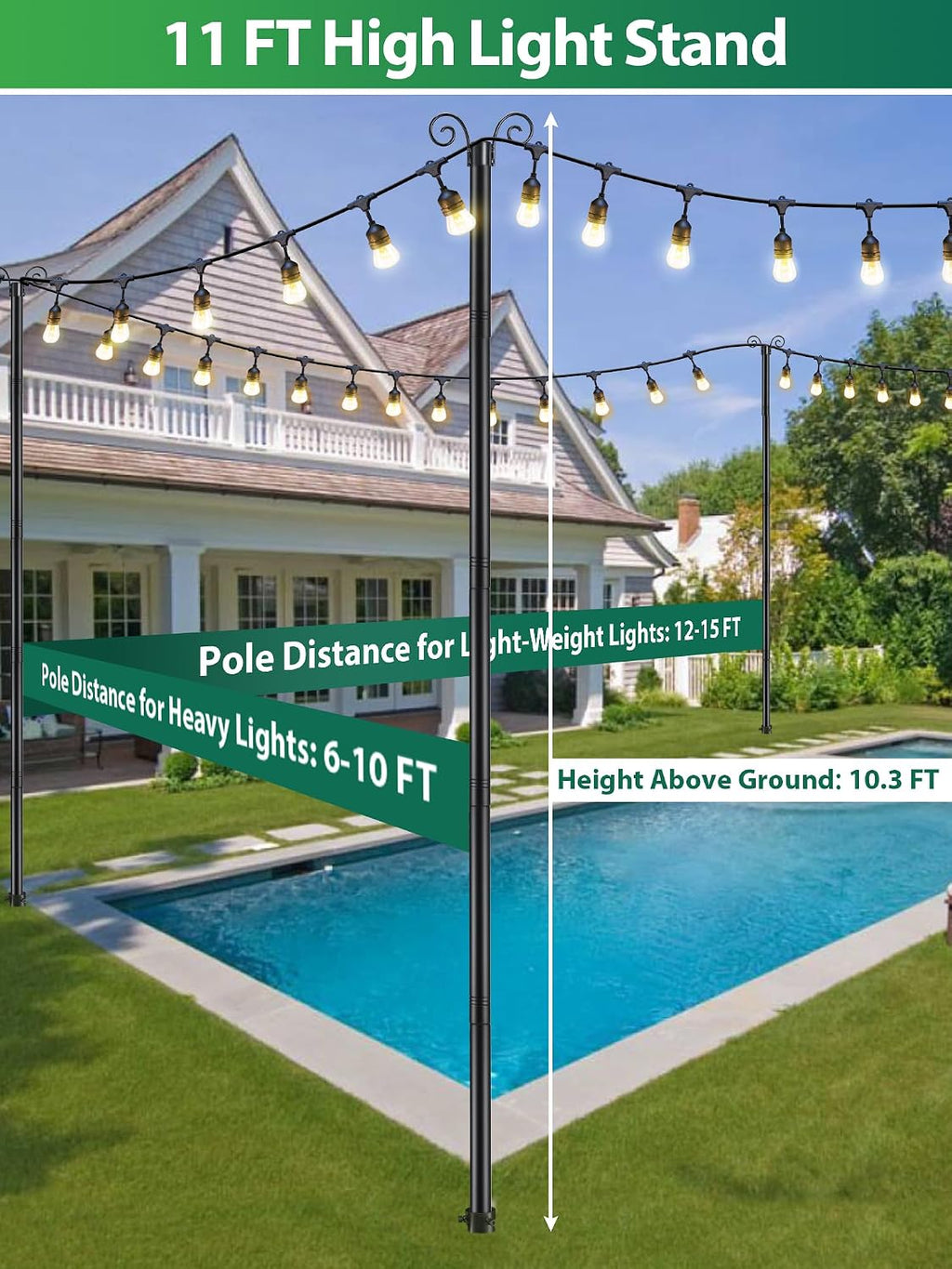 String Light Poles for Outside, 11 Feet Lights Poles with Mount Anchor, 2 PCS Outdoor Lighting Poles Hanging Backyard Garden Party Wedding Decorations, Heavy Duty Metal Stand Posts for Bistro, No Rust