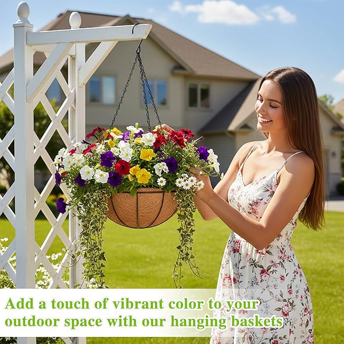 4 Pack Hanging Planter Basket with Coco Coin Liner 8 inch Hanging Flower Pots Outdoor Decorative Round Wire Plant Holder with Chain Metal Hanging Baskets for Plants Outdoor