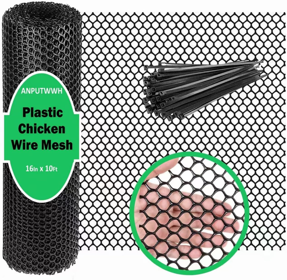 upgraded plastic chicken wire fence mesh(16inx33ft) - black/green/white, main product view