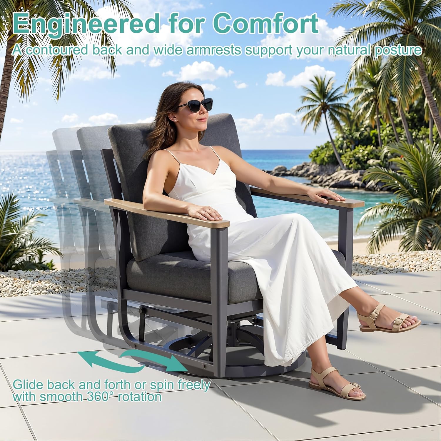 Aluminum Patio Swivel Rocking Chair Outdoor Bistro Set with Ottomans | 5PCS Outdoor Patio Furniture Set with High Backrest Patio Conversation Set Lounge Chair for Deck, Balcony, Dark Grey