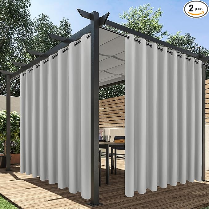 HolidayIdeas Extra Wide Outdoor Curtains for Patio Waterproof, 2 Panels - 110 x 84 Inch - Privacy & Light Filtering Curtains Grommet Outside Curtains for Porch, Gazebo, Pergola, Backyard (Silver)