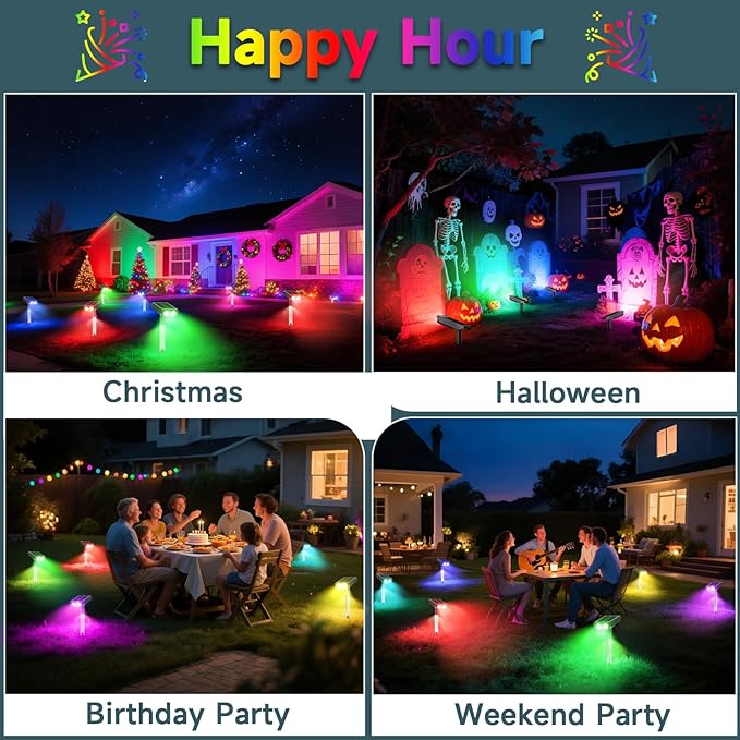 RGB Solar Spot Lights : 2 IN 1 Solar Lights Outdoor with 8 Lighting Modes & PC Light Guide Column for Tree Garden Yard Pathway | RGB Color Changing Landscape Lights | IP65 Waterproof | 4 Pack