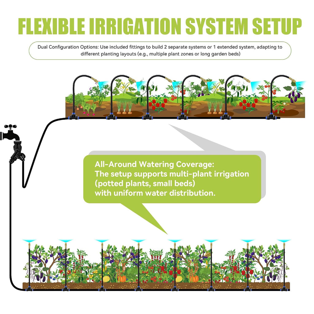 50FT 360° Adjustable Drip Irrigation System Garden Watering System with 12 Nozzles Plant Watering Devices Misting System Greenhouse Accessories for Yard, Lawn