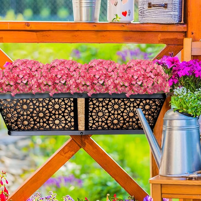 ZeeDix 3 Pack Metal Window Box for Railings, 24 Inch Over Railing Planter Boxes with Coco Liners, Hanging Flower Box Planters for Outdoor Fence Deck Porch Balcony & Patio