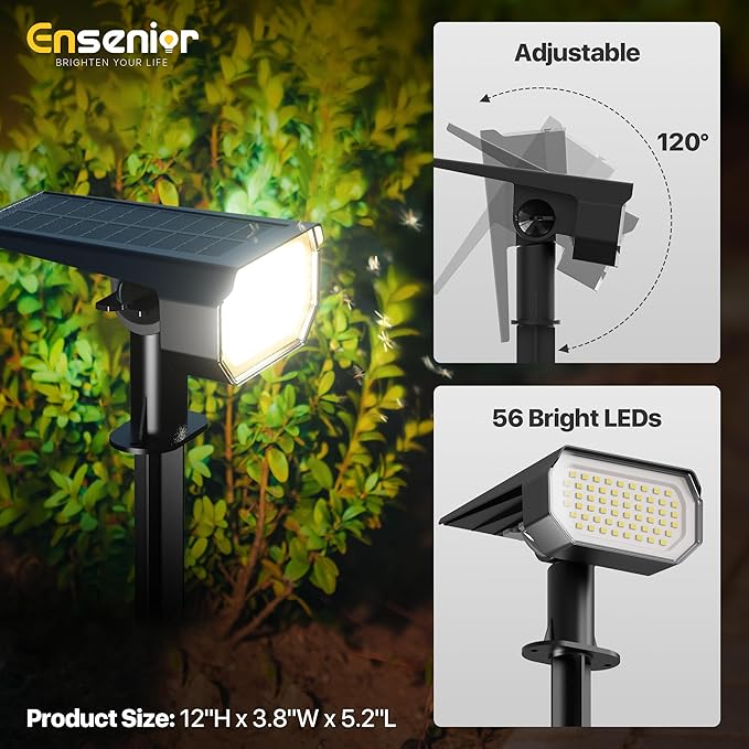 Ensenior Solar Spotlights Outdoor, 56 LEDs Brightness Adjustable 3000K LED Solar Garden Lights, Halloween Christmas Landscape Lighting for Flag/Yard/Pathway, IP65 Waterproof - 6 Pack