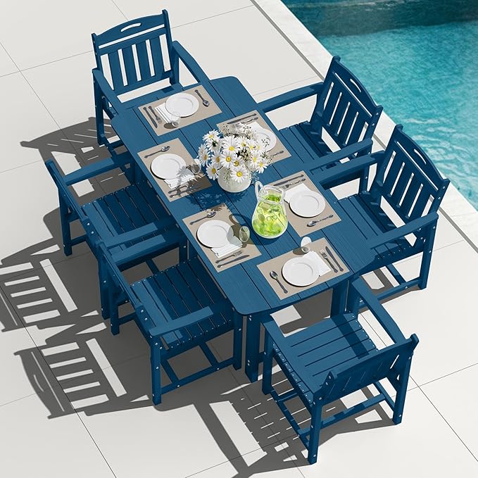 HDPE Outdoor Patio Dining Set with Table & 6 Chairs, All-Weather 7-Piece Outdoor Table and Chairs, 2" Umbrella Hole, Patio Furniture for Garden, Backyard, Deck | Navy Blue