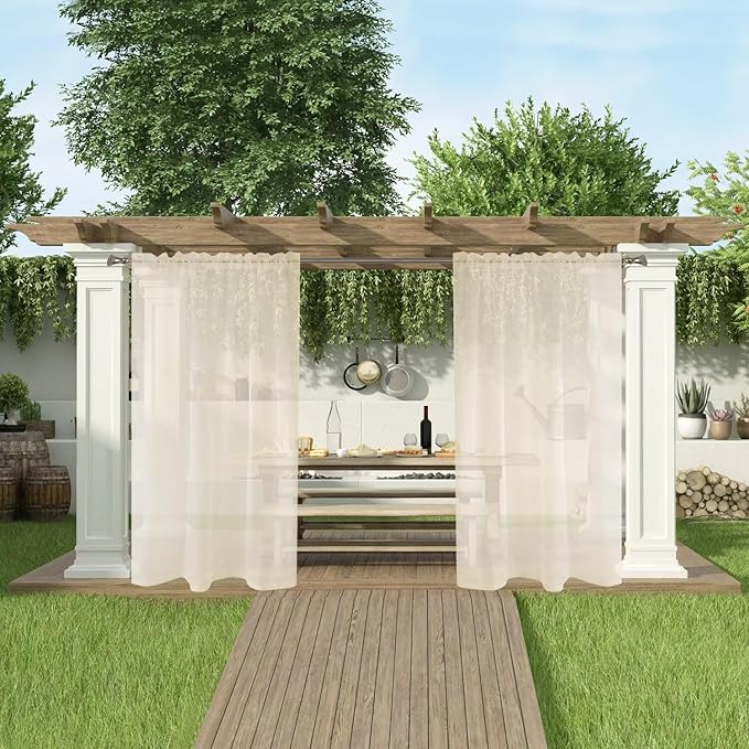 SpaceDresser Waterproof Outdoor Sheer Curtains for Patio - 2 Panels Rod Pocket Indoor Voile Sheer Curtain for Living Room,52W x 120L inch,Ivory