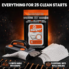 Proud Grill Q-Swiper Easy-Clean Grill Cleaner Set, Grate Cleaning Solution | Set -1 Bristle-Free Brush with Scraper & 25 Moist Cleaning Wipes, Grease & Grime Remover for Outdoor Grilling, Safe on Grills