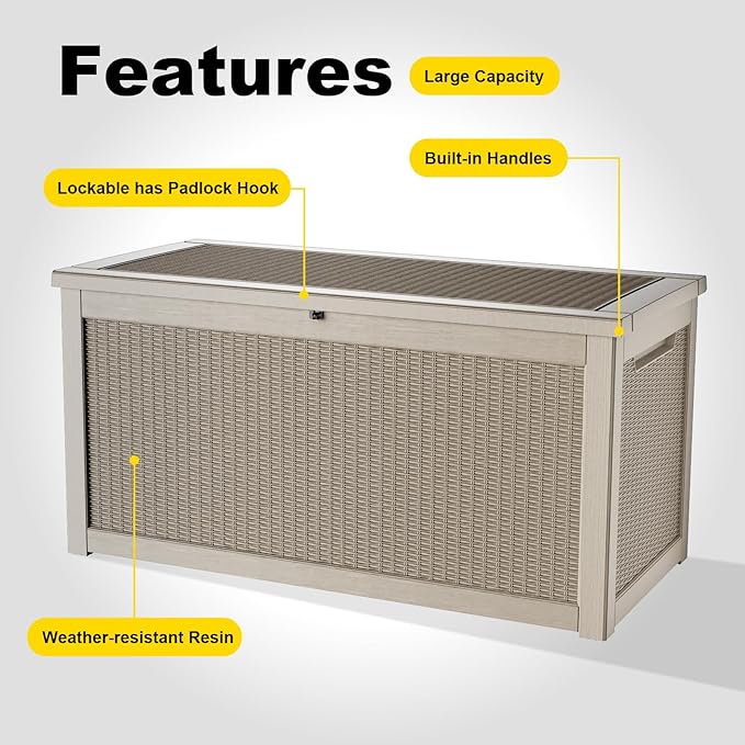 320 Gallon Outdoor Deck Box, Lockable Waterproof Outdoor Storage Boxes For Garden Tools,Indoor Cushions,Accessories Outside Storage Resin Weatherproof Container(Grey)
