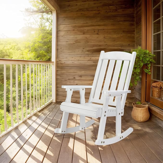 VINGLI Outdoor Rocking Chair Set of 2, Heavy Duty 600 LBS Wooden Rocking Chair with Comfortable Backrest, Weatherproof Rocker with Ergonomic Design, Suit for Patio, Garden, Yard, White