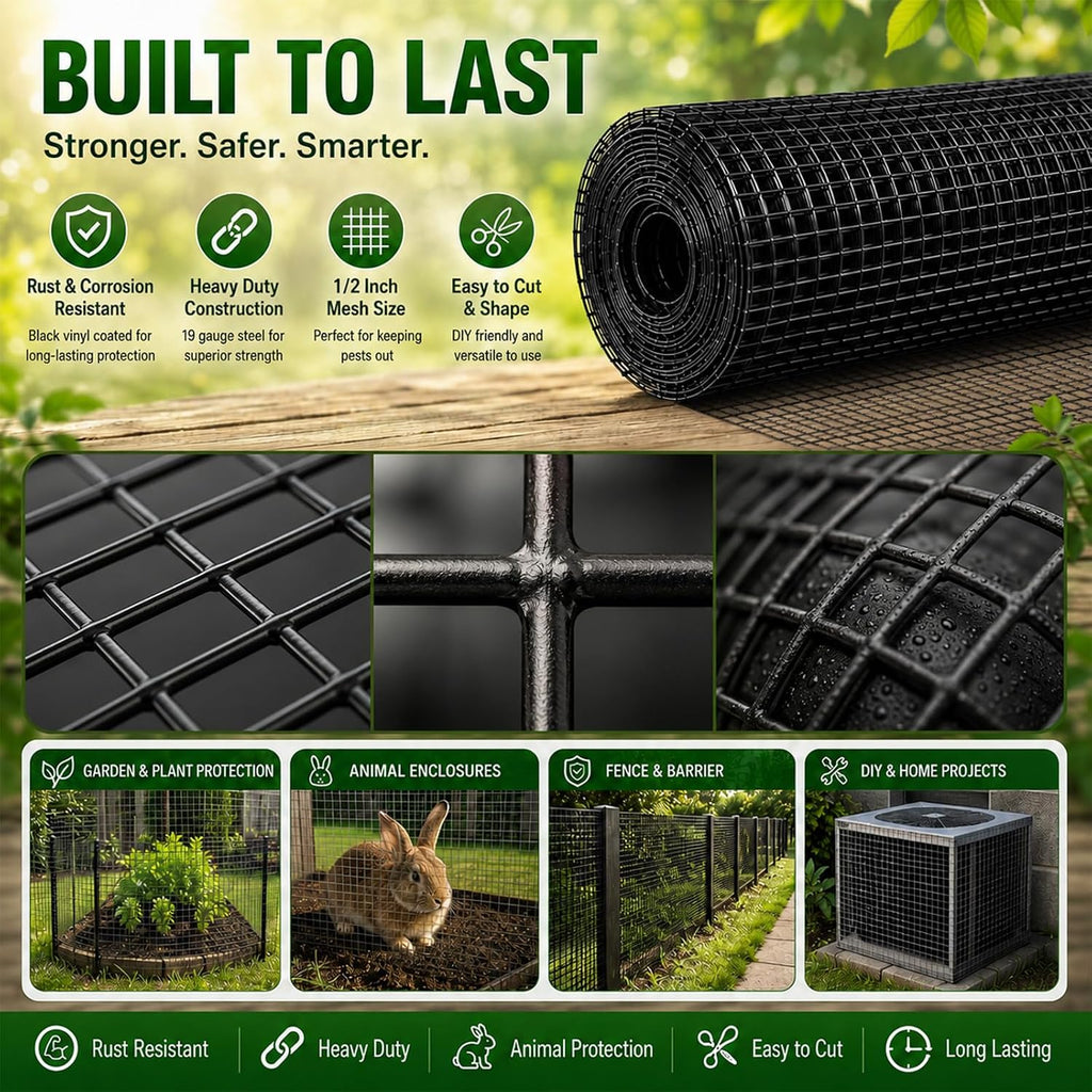 Hardware Cloth 1/2 inch Chicken Wire Fencing 48 x 100 Ft 19-Gauge | Black Vinyl Coated Wire Mesh Roll, Garden Fencing, Welded Wire Fence Roll, Wire Mesh Fencing, Rabbit Wire and Rodeng Wire