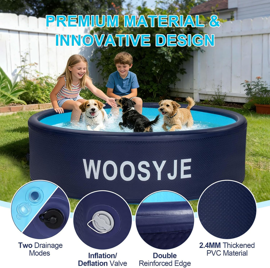 Inflatable Dog Pool, Foldable Pet Swimming Pool - 47.5" Pet Bath Pool & Kiddie Pool, PVC, Quick Drain, Non-Slip, Collapsible Swimming Pool for Large Medium Small Dogs, Cats, Kids, Backyard, Beach